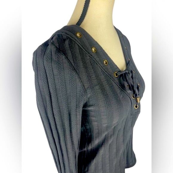 Free People Washed grey Ice Cold Lace-Up Scoop Neck Cotton blend Top Sz S - Picture 8 of 12